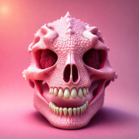 Funny pink monster skull on pink background. 3d illustration.の素材