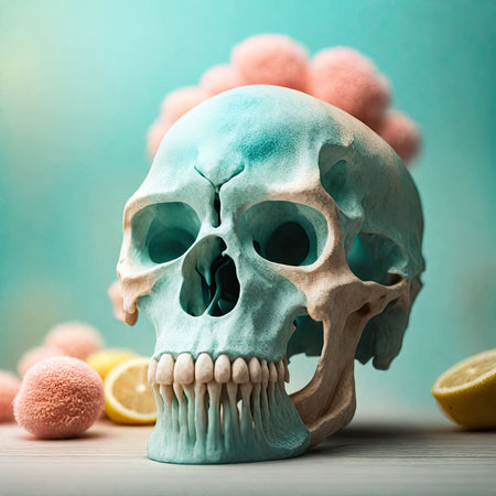 Skull with lemon on a blue background. Halloween holiday concept.の素材