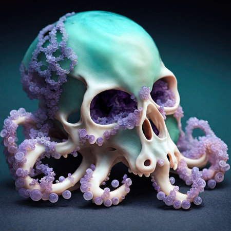Skull and octopus on a dark background. Halloween concept.の素材