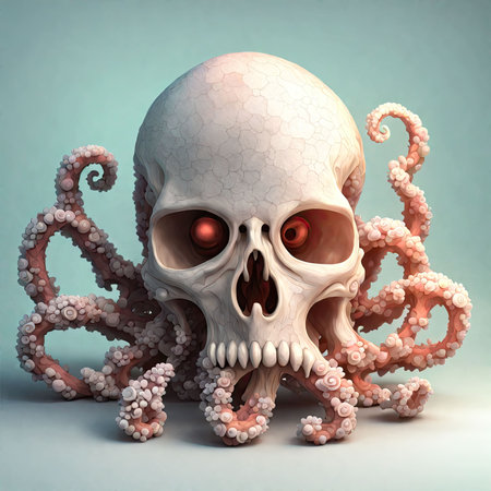 human skull with octopus tentacles on a blue background 3d illustrationの素材