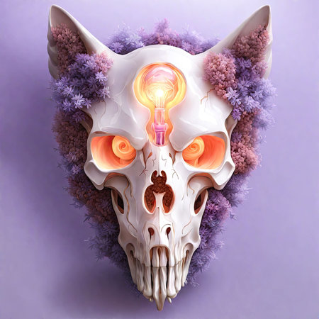 Human skull with lightbulb on purple background. 3D renderingの素材