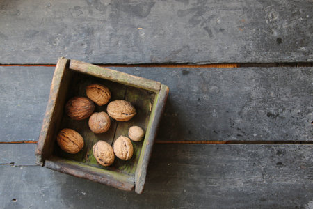 Walnuts in a box on the farmers market.