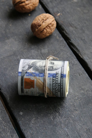 Money and a walnuts on the tableの写真素材