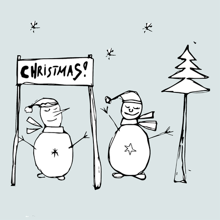 Two snowmen celebrate Christmas. Christmas greeting card, Vector Illustration.のイラスト素材