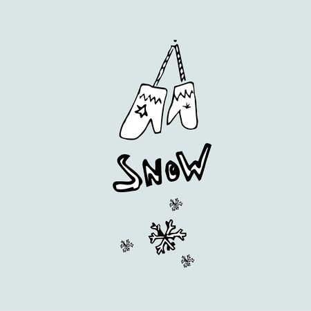 inscription snow and drawing mittens and cupsの写真素材