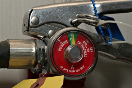 Close up on the guage of a standard fire extinguisherの写真素材