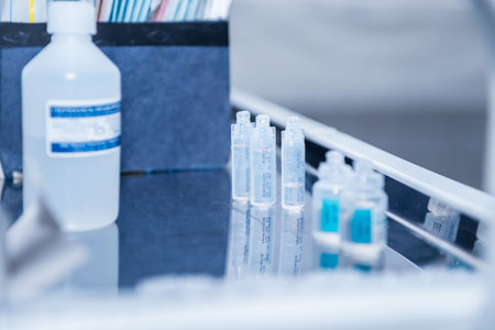 ampoules for injection, standing in a row on the surgical table in the operating room. Professional...
