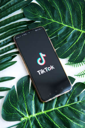 Tver, Russia-August 5, 2020, the tik tok logo on the smartphone screen on a background with green plant leaves. Tik-Tok icon. Tiktok social network.のeditorial素材
