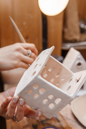 A master ceramist holds a clay product in his hands. Making a ceramic candle holder from clay. The process of coating the candlestick with glaze.の写真素材