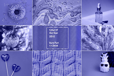 A collage showing the fashionable color of 2022 - Very Pari. trending color 2022.
