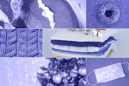A collage showing the fashionable color of 2022 - Very Pari. trending color 2022.