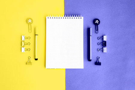 school supplies. Yellow and violet colors. Empty notebook. Flat lay composition. back to school....