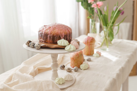 A set table for the celebration of Easter. Cakes and quail eggs on the Easter table.