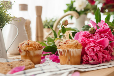 The kitchen countertop is decorated with peonies. The interior is decorated with spring flowers. Pink peonies and sweet cupcakes on a wooden countertop. Interior details.の写真素材