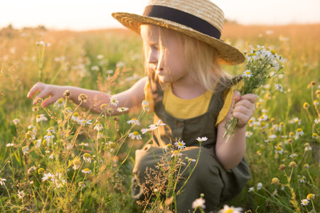 A little blonde girl in a straw hat walks in a field with a bouquet of daisies. The concept of walking in nature, freedom and an eco-friendly lifestyle.の写真素材