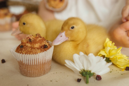 Cute fluffy ducklings on the Easter table with quail eggs and Easter cupcakes, next to a little girl. The concept of a happy Easter.の写真素材