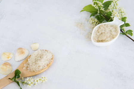 Concept of Spa-cosmetic and cosmetic procedures. Spa-sea salt in white dishes and seashells on light concrete background. The concept of a waste-free lifestyle. copyspase.の写真素材
