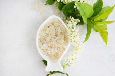 Concept of Spa-cosmetic and cosmetic procedures. Spa-sea salt in white dishes and seashells on light concrete background. The concept of a waste-free lifestyle. copyspase.の写真素材