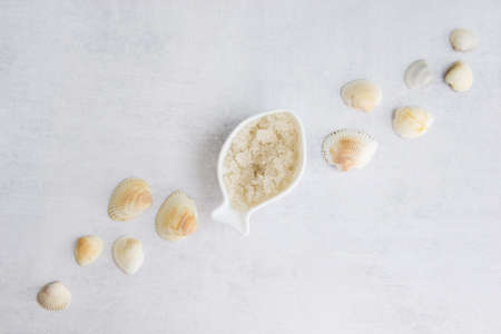 Concept of Spa-cosmetic and cosmetic procedures. Spa-sea salt in white dishes and seashells on light concrete background. The concept of a waste-free lifestyle. copyspase.の写真素材