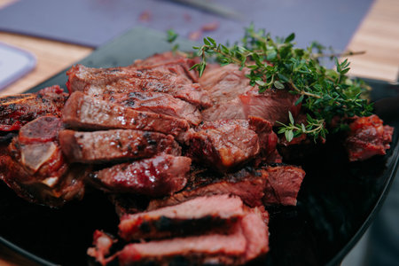 Cooking ribeye steaks and meat rolls in the cooking class. Sliced meat on a plate, close-up.