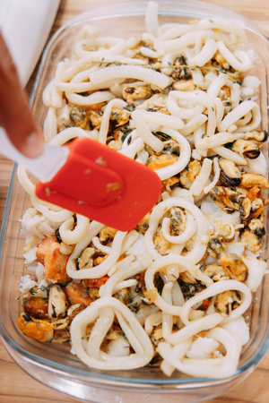 Cooking Sarsuella in the mater cooking class. Seafood dish close-up. homemade food.