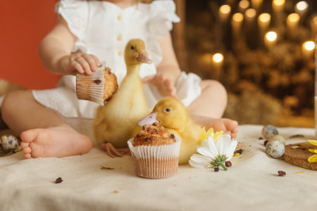 Cute fluffy ducklings on the Easter table with quail eggs and Easter cupcakes, next to a little girl. The concept of a happy Easter.の写真素材
