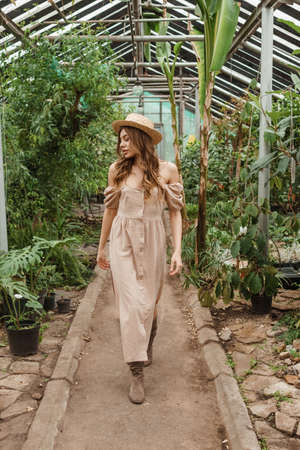 A beautiful young woman takes care of plants in a greenhouse. The concept of gardening and an eco-friendly lifestyle.の写真素材
