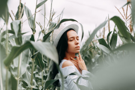 A brunette girl in a white dress in a cornfield. The concept of harvestingの写真素材