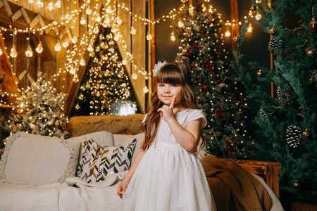 A girl in a festive light dress with a gift in her hands next to a Christmas tree, lights of garlands in the background. The concept of New Year holidaysの写真素材