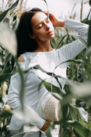 A brunette girl in a white dress in a cornfield. The concept of harvestingの写真素材