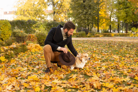 A stylish man on a walk with his pet in an autumn park in nature. The relationship of a person with petsの写真素材