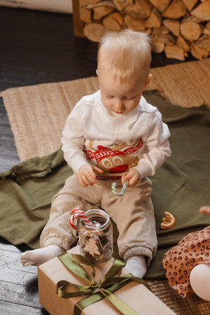 A little boy is playing on Christmas Eve in a beautiful house decorated for the New Year holidays