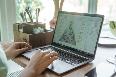 Tver, Russia-august 7, 2022. A woman with a laptop is studying human design. The concept of studying esoteric sciences. Studying rave postcards from human designのeditorial素材