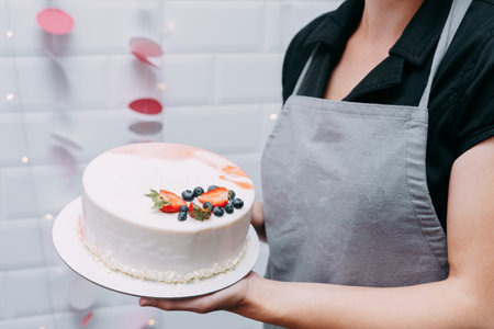 A beautiful mousse cake in the hands of a pastry chefの写真素材