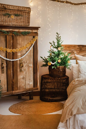 Cozy interior decorated for Christmas in Scandinavian style. Live fir trees decorated with natural ornaments made of dried orangesの写真素材