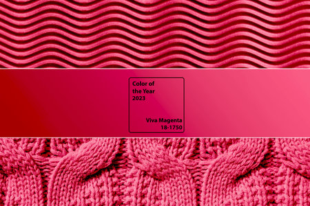 A collage showing the fashionable color of 2023 - Viva Magenta. trending color 2023.