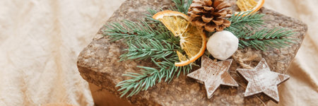 Brown craft box with a Christmas gift. Handmade gift. The concept of New Year and Christmas.の写真素材