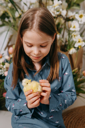 Two girls in a beautiful Easter photo zone with flowers, eggs, chickens and Easter bunnies. Happy Easter holiday.の写真素材
