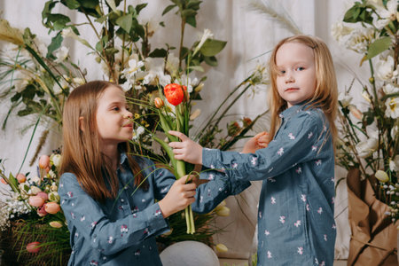 Two girls in a beautiful Easter photo zone with flowers, eggs, chickens and Easter bunnies. Happy Easter holiday.の写真素材