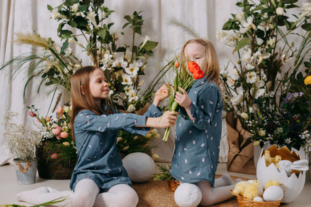 Two girls in a beautiful Easter photo zone with flowers, eggs, chickens and Easter bunnies. Happy Easter holiday.の写真素材