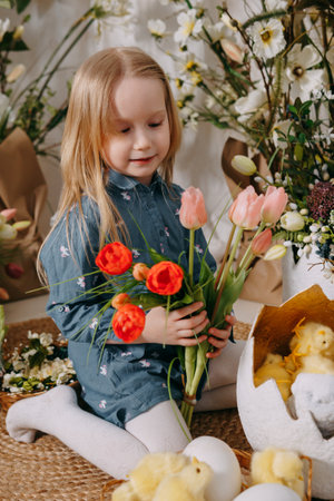 Two girls in a beautiful Easter photo zone with flowers, eggs, chickens and Easter bunnies. Happy Easter holiday.の写真素材