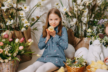 Two girls in a beautiful Easter photo zone with flowers, eggs, chickens and Easter bunnies. Happy Easter holiday.の写真素材