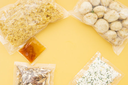 Set of products for cooking Farfalle with mushrooms and truffle: pasta, mushrooms, cheese, truffle oil, dried mushrooms. Set for delivering food for dinner. Cooking at home, home cooking. Flat lay.の写真素材