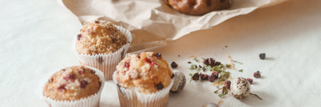 Easter cupcakes with raisins and quail eggs on a white table close-up. The concept of celebrating Happy Easter.の写真素材