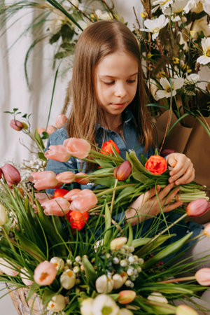 Two girls in a beautiful Easter photo zone with flowers, eggs, chickens and Easter bunnies. Happy Easter holiday.の写真素材