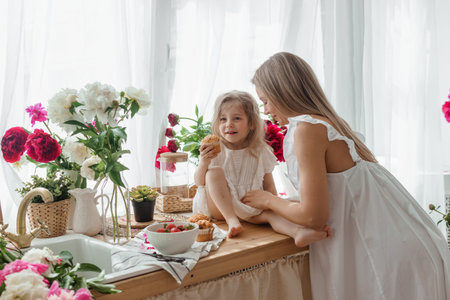 A little blonde girl with her mom on a kitchen countertop decorated with peonies. The concept of the relationship between mother and daughter. Spring atmosphere.の写真素材
