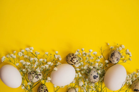 Easter background, various eggs on a yellow background, decorated with natural botanical elements, flat lay, view from above, empty space for textの写真素材