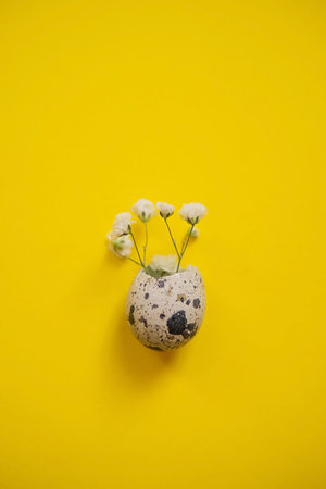Easter background, quail eggs on a yellow background, decorated with natural botanical elements,...