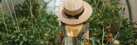 A little girl in a straw hat is picking tomatoes in a greenhouse. Harvest concept.の写真素材