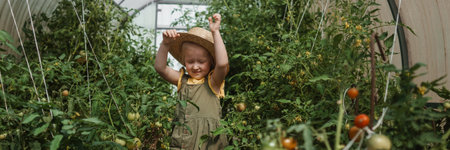 A little girl in a straw hat is picking tomatoes in a greenhouse. Harvest concept.の写真素材
